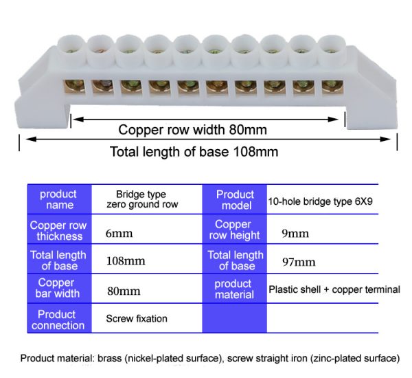 Neutral bar terminal block bridge type neutral line wiring copper row